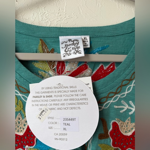 Parsley & Sage Teal Embroidered Tunic NWT Size XL 100% Cotton - Picture 9 of 9